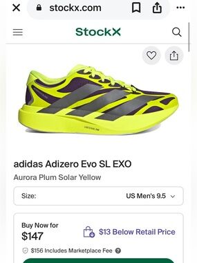 Adidas Men’s Yellow Adizero EVO SL EXO Sneakers, KI4772